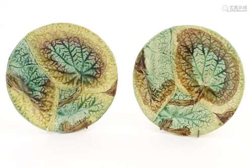 Two majolica Begonia leaf plates of circular form.