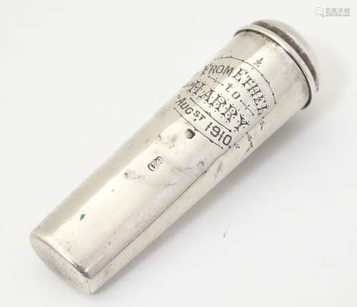 A silver cheroot mouthpiece case, hallmarked Chested