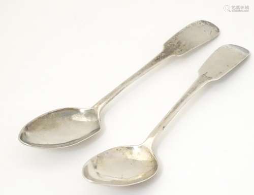 A pair of 19thC silver Fiddle pattern teaspoons