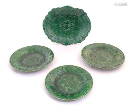 Four Wedgwood style majolica leaf plates / dishes. One