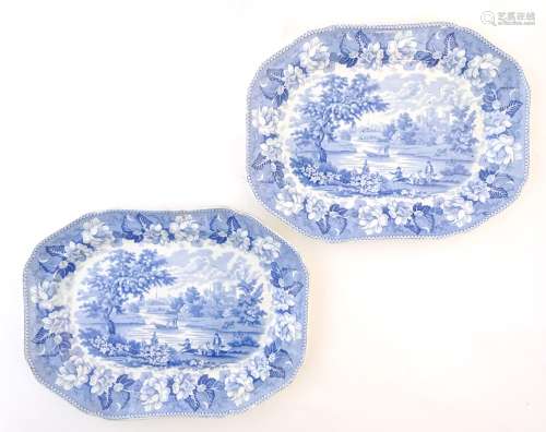 Two 19thC Rogers blue and white meat plates / platters,