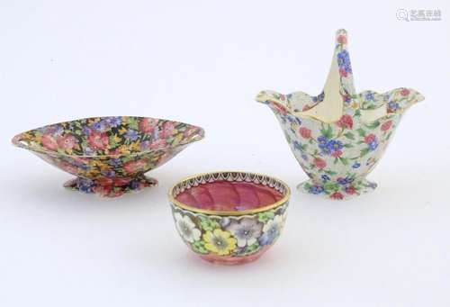 Three ceramic items comprising a Royal Winton basket in