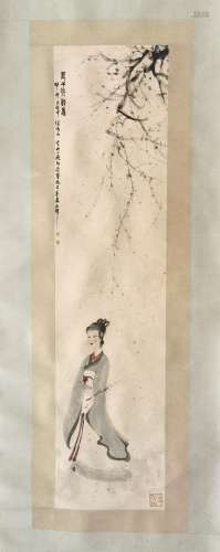 CHINESE SCROLL PAINTING OF BEAUTY UNDER TREE SIGNED BY