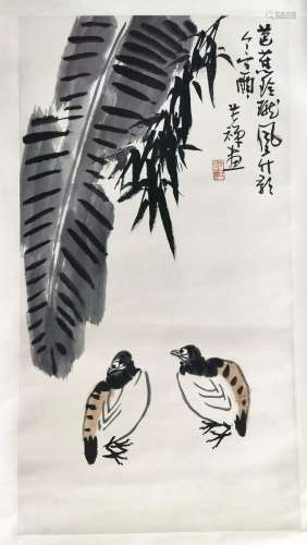 CHINESE SCROLL PAINTING OF BIRD UNDER LEAF SIGNED BY LI
