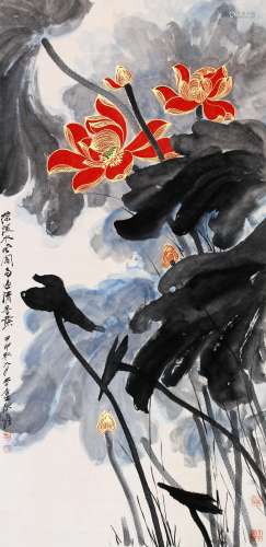 CHINESE SCROLL PAINTING OF LOTUS SIGNED BY ZHANG DAQI…