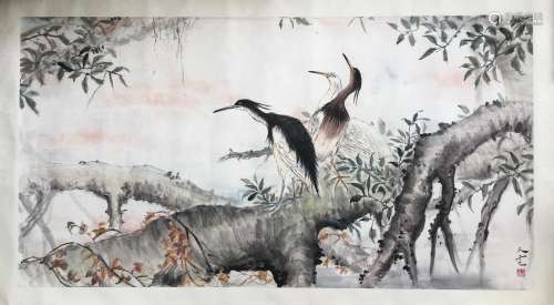CHINESE SCROLL PAINTING OF CRANES ON TREE SIGNED BY