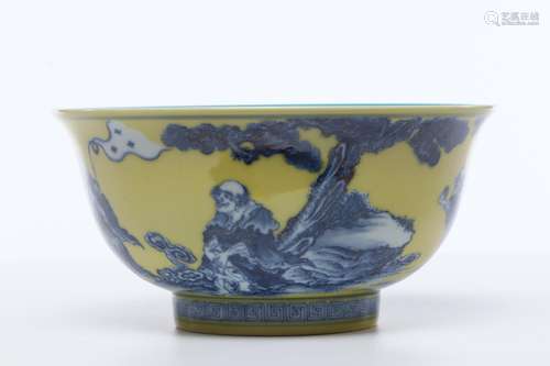 CHINESE PORCELAIN YELLOW GROUND BLUE LOHAN BOWL