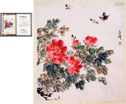 CHINESE SCROLL PAINTING OF BUTTERFLY AND FLOWER SIGNED