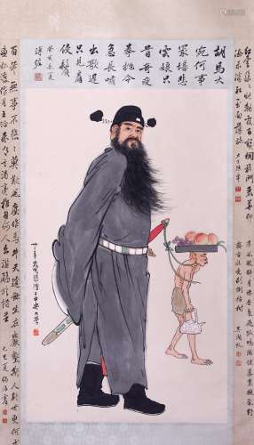 CHINESE SCROLL PAINTING OF SWORD MAN WITH CALLIGRAPHY