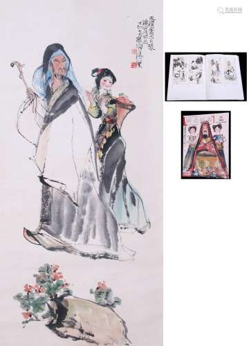 CHINESE SCROLL PAINTING OF MAN WITH GIRL SIGNED BY