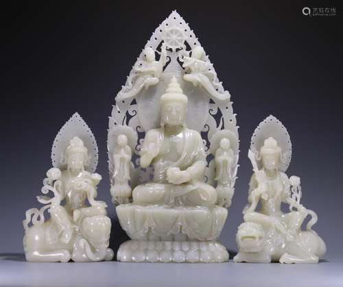 THREE CHINESE WHITE JADE SEATED BUDDHA