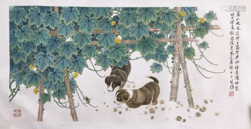 CHINESE SCROLL PAINTING OF PUPPY UNDER LEAF SIGNED BY