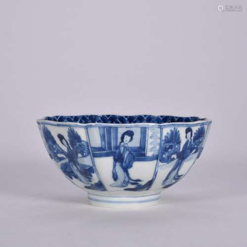 CHINESE PORCELAIN BLUE AND WHITE FIGURES BOWL QING