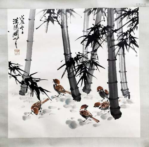 CHINESE SCROLL PAINTING OF BIRD AND BAMBOO SIGNED BY