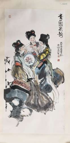 CHINESE SCROLL PAINTING OF THREE BEAUTIES SIGNED BY