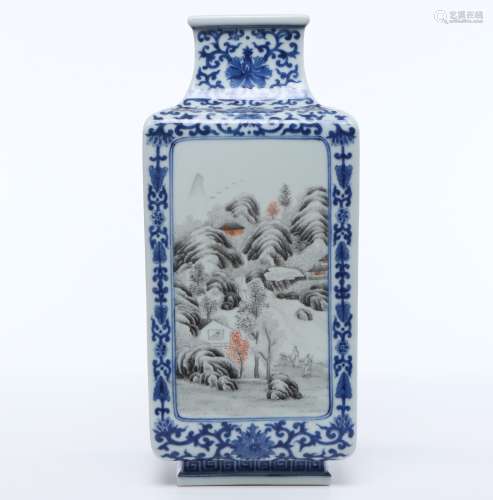 CHINESE PORCELAIN BLUE AND WHITE FAMILLE ROSE MOUNTAIN