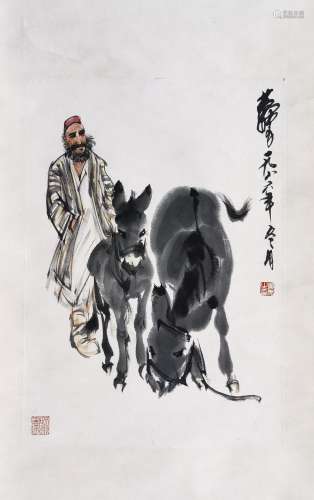 CHINESE SCROLL PAINTING OF MAN WITH DONKEY SIGNED BY