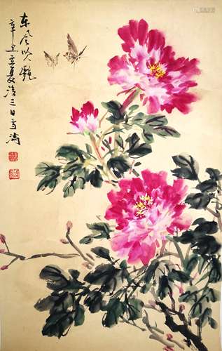 CHINESE SCROLL PAINTING OF BUTTERFLY AND FLOWER SIGNED