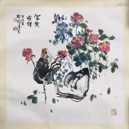 CHINESE SCROLL PAINTING OF FLOWER AND CHICKEN SIGNED …