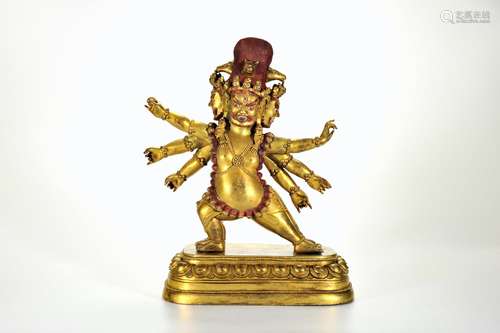 TIBETAN GILT BRONZE STANDING YAMANTAKA