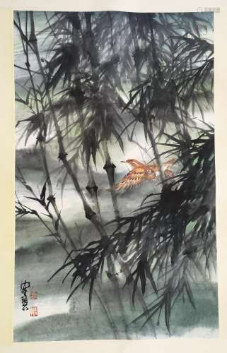 CHINESE SCROLL PAINTING OF BIRD IN BAMBOO SIGNED BY