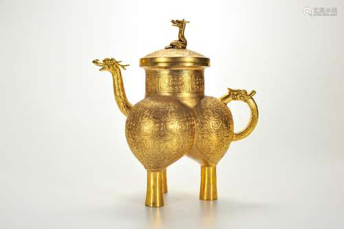 CHINESE GILT BRONZE TRIPLE FEET LIDDED WINE KETTLE