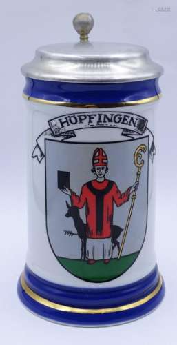 Bierkrug mit Wappen von Höpfingen,Zinndeckel,H- 17cm