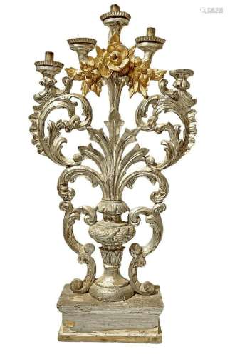 Candlestick in silver and golden wooden five candles,