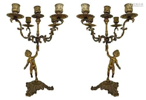 Couple candlesticks in golden brass with 5 lights