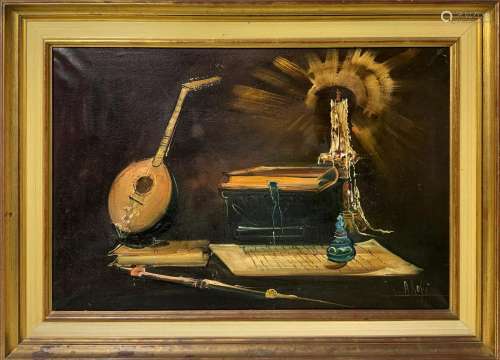 Still life of musical instruments and books