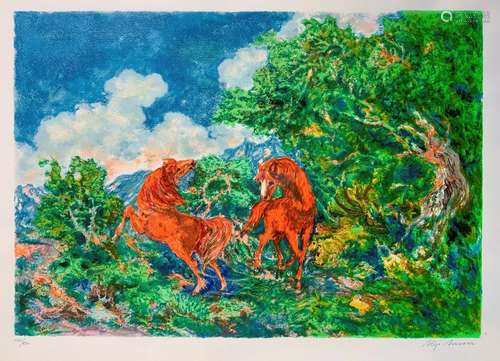 Aligi Sassu Natural landscape and red horses with trees