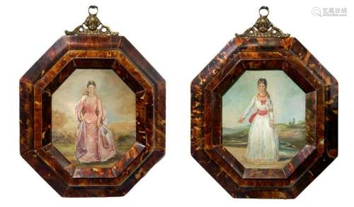 Pair of small paintings depicting female characters