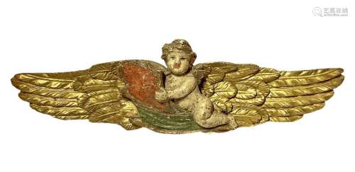 Sculpture with polychrome angel in lacquered and golden