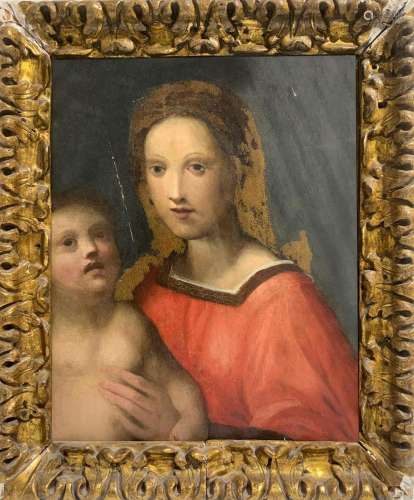 Oil painting on table depicting Virgin Mary with child.