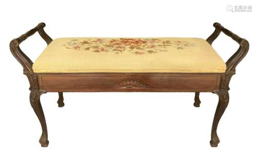 Wooden bench with sitting in floral fabric