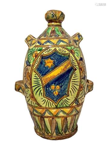 Polychrome ceramic bottle, with heraldic coat of arms,