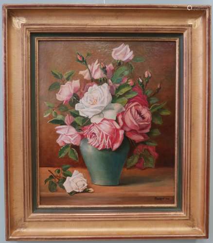 Ecole moderne, BAUMONT Bouquet de roses, 1943 Huile sur toil...
