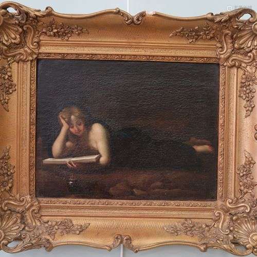 Ecole du XIXe siècle Femme allongée lisant Huile sur toile 2...