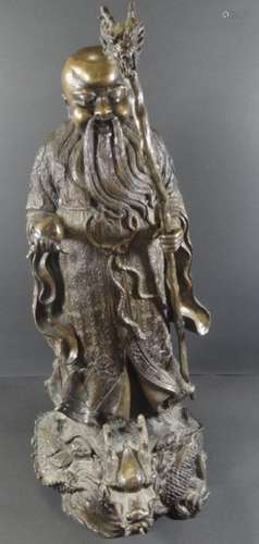 grosse Bronze, buddhistische Gottheit mit Drachenkopf-Stab, ...