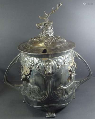 grosse Jugendstil-Bowle mit Jagd-Motiven, Zinn versilbert