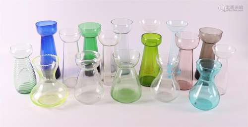 A lot of various glass hyacinth vases, 20th century.