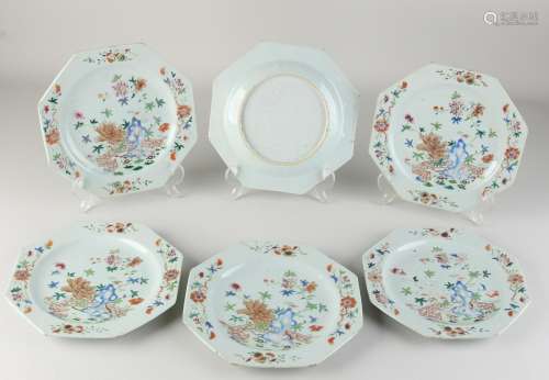 Six 18th century Chinese Family Rose plates, 21 x 21