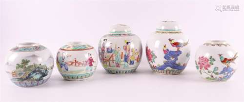 A set of five assorted porcelain ginger jars, China, 20th ce...