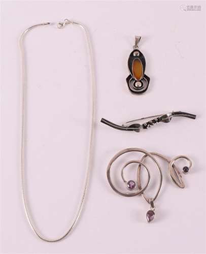 Two various silver brooches + necklace on pendant.