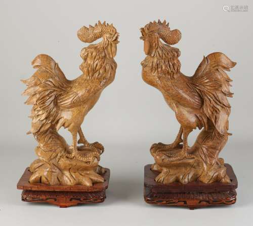 Two antique Chinese soapstone roosters