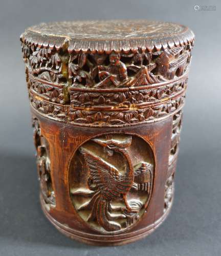 CHINE : Pot à pinceaux dit Bitong cylindrique en bambou scul...