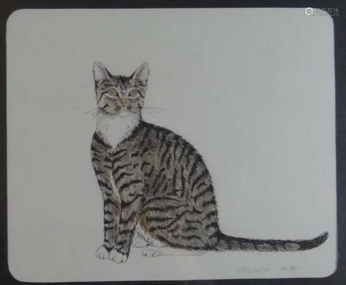 L. Albrecht, 11.1980 "Katze" aquarellierte Zeichnu...