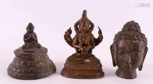 A lot of three bronze, including reclining Buddha, Thailand,...