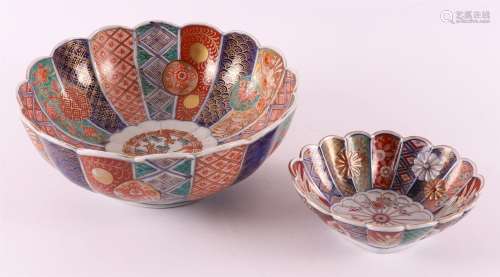 Two porcelain Imari contoured bowls on stand ring, Japan, Me...