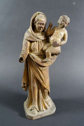 France, époque XVIII's : Vierge à l'Enfant en bois sculpté e...